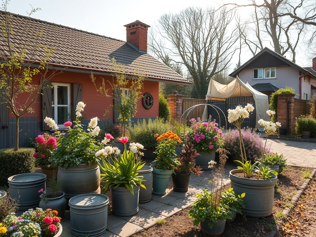 Уютный двор с цветами в горшках, дом с крышей, деревья и яркое солнечное освещение.