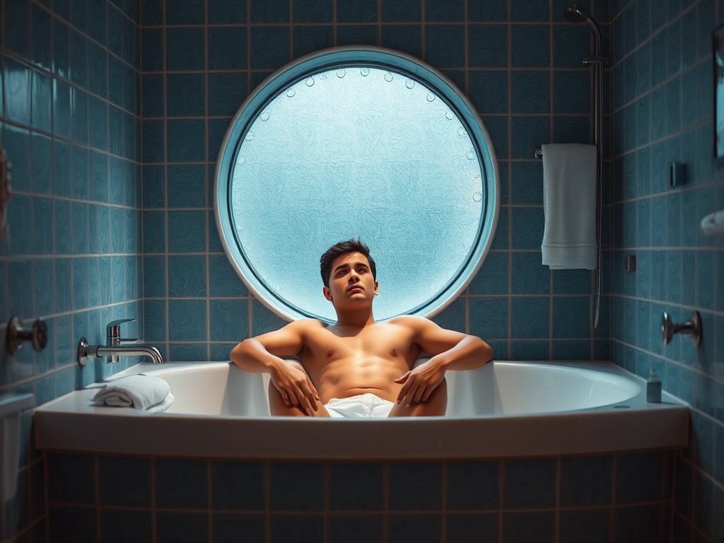 Молодой человек в ванной с округлым окном, расслабляется в солнечном помещении с голубыми плитками.