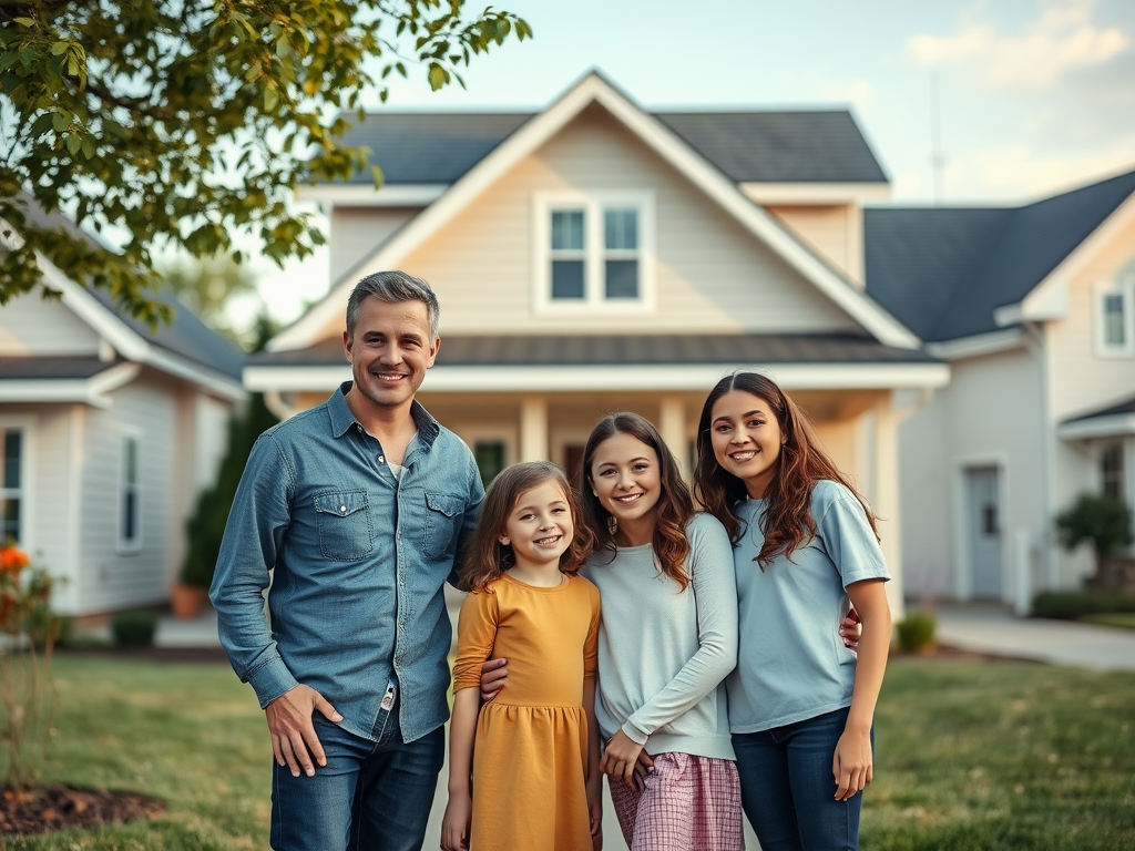 Счастливая семья позирует на фоне дома, улыбаясь и наслаждаясь временем вместе на улице.