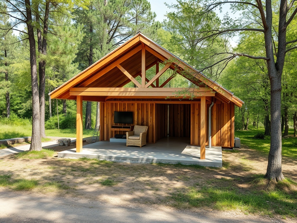 Современное деревянное строение с крышей, окруженное зелеными деревьями, у подножия горы.