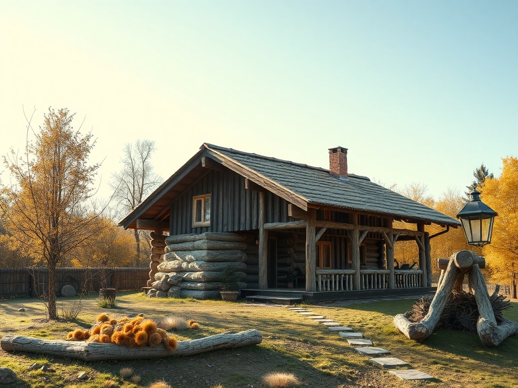 Деревянный дом в осеннем пейзаже, окруженный деревьями и фонарем. Теплая атмосфера и уютное окружение.