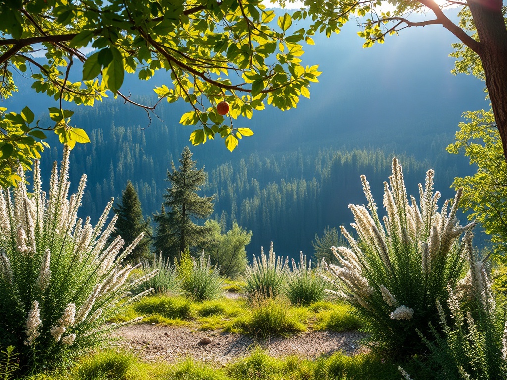 На изображении зелёные деревья и цветущие кустарники на фоне горного ландшафта в солнечный день.