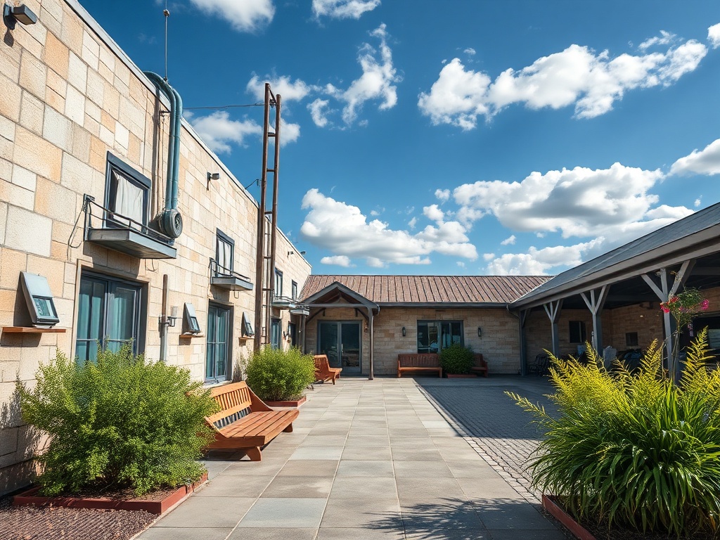 Уютный дворик с скамейками, зелеными насаждениями и голубым небом с облаками. Спокойная атмосфера.