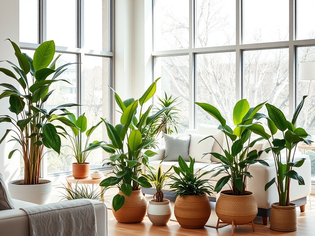 Внутреннее пространство с зелеными растениями, светом и мягкой мебелью, создающее уютную атмосферу.