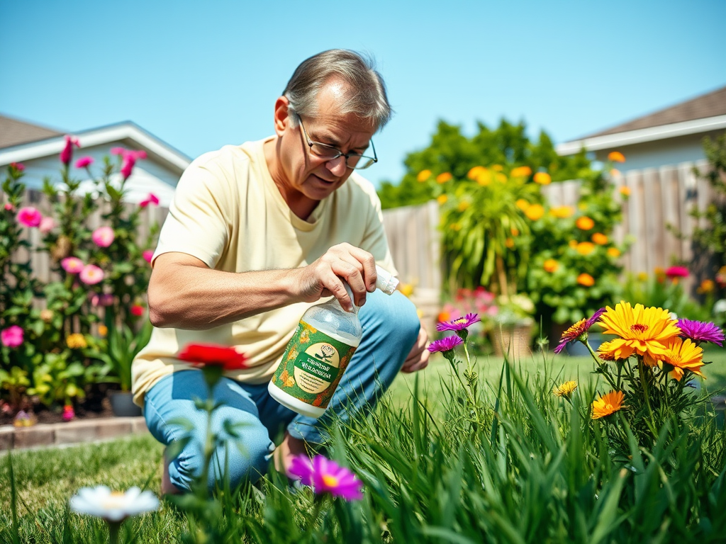 Мужчина усердно поливает цветы в саду, наслаждаясь теплым солнечным днем.