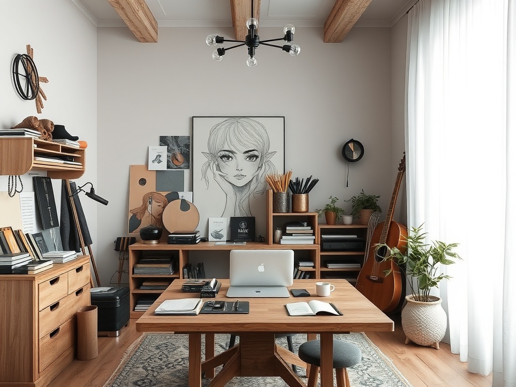 Современный уютный офис с деревянной мебелью, акцент на искусстве и растениях. Достаточно света и уюта.