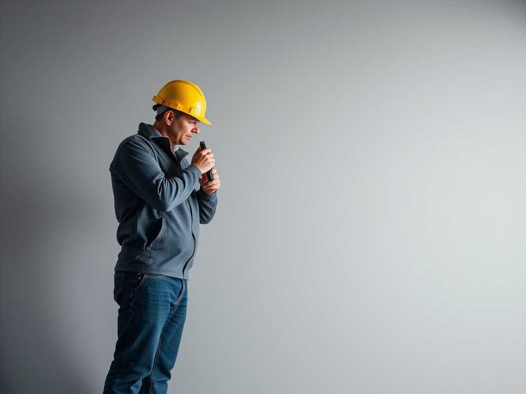 На изображении мужчина в каске, держащий инструмент, стоит на сером фоне.