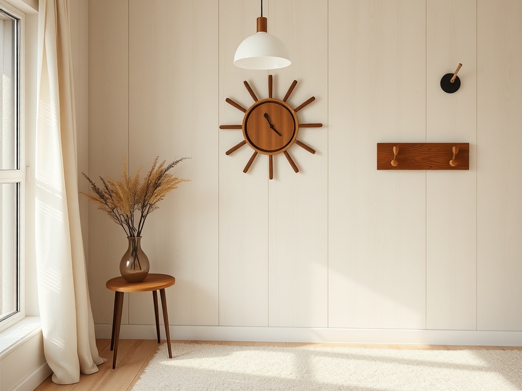 Современный интерьер: светлые стены, настенные часы в форме солнца, столик с вазой и полка с крючками.