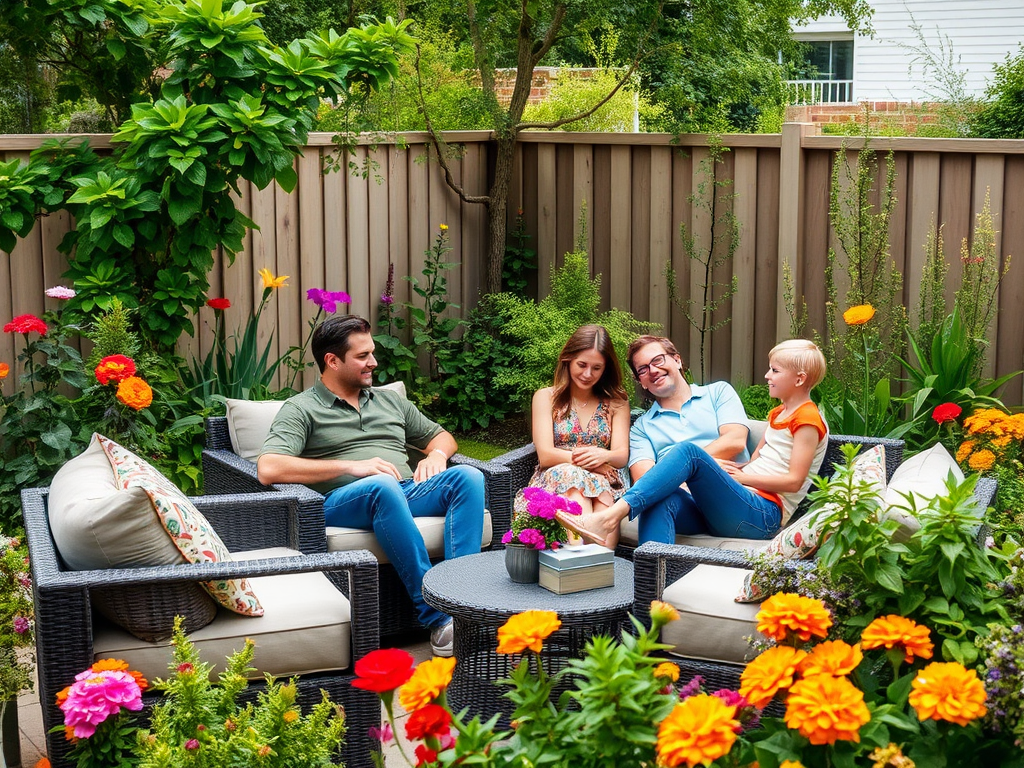 Четыре человека сидят на диванах в庭园е, окруженном яркими цветами, и смеются друг с другом.