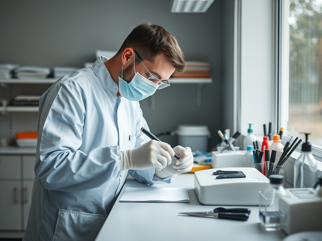 Мужчина в маске и перчатках работает в лаборатории, записывая данные и проводя исследования.