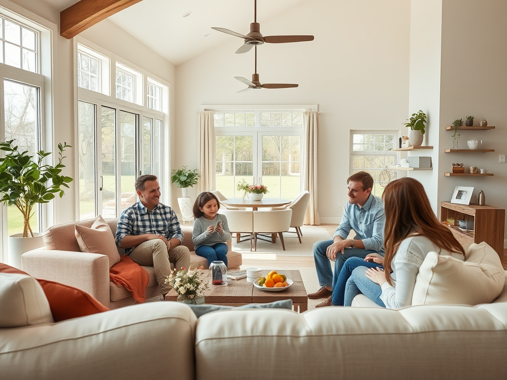 На изображении семья беседует в уютной комнате с большими окнами и современным интерьером.