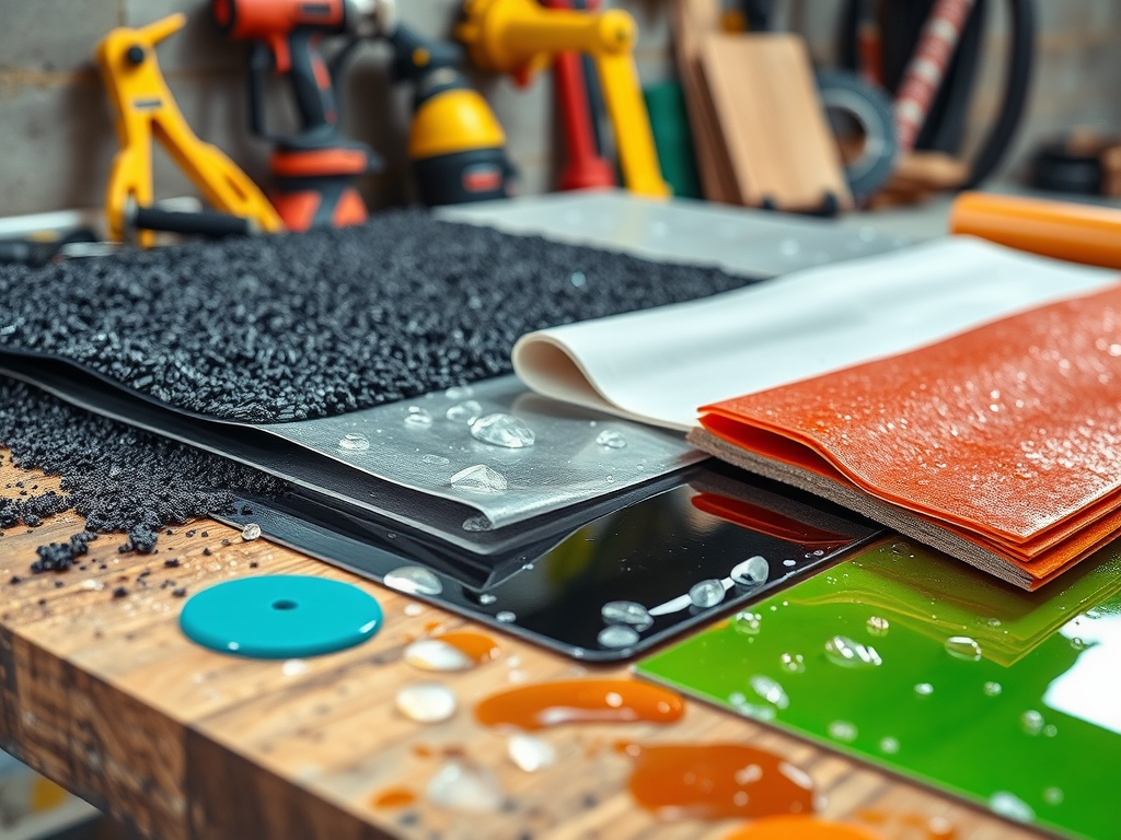 На столе с инструментами расположены разноцветные пленки и детали, покрытые каплями воды.