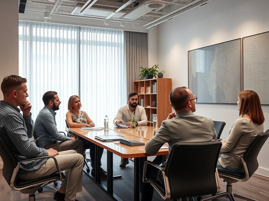 Группа людей обсуждает проекты на деловой встрече в конференц-зале с большими окнами.