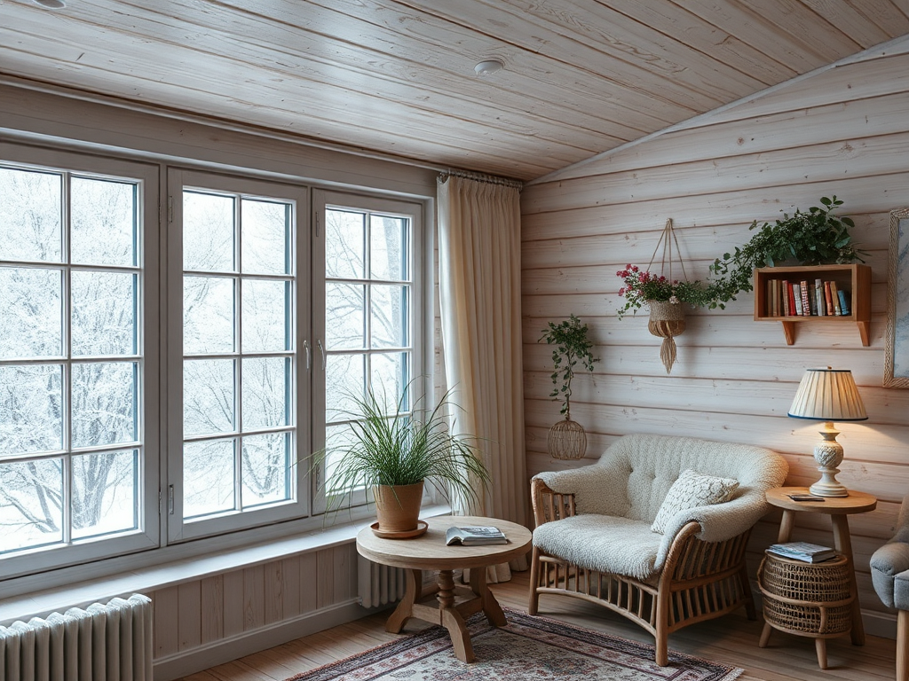Уютная комната с деревянной отделкой и зимним пейзажем за окном. Мягкая мебель и растения создают атмосферу уюта.