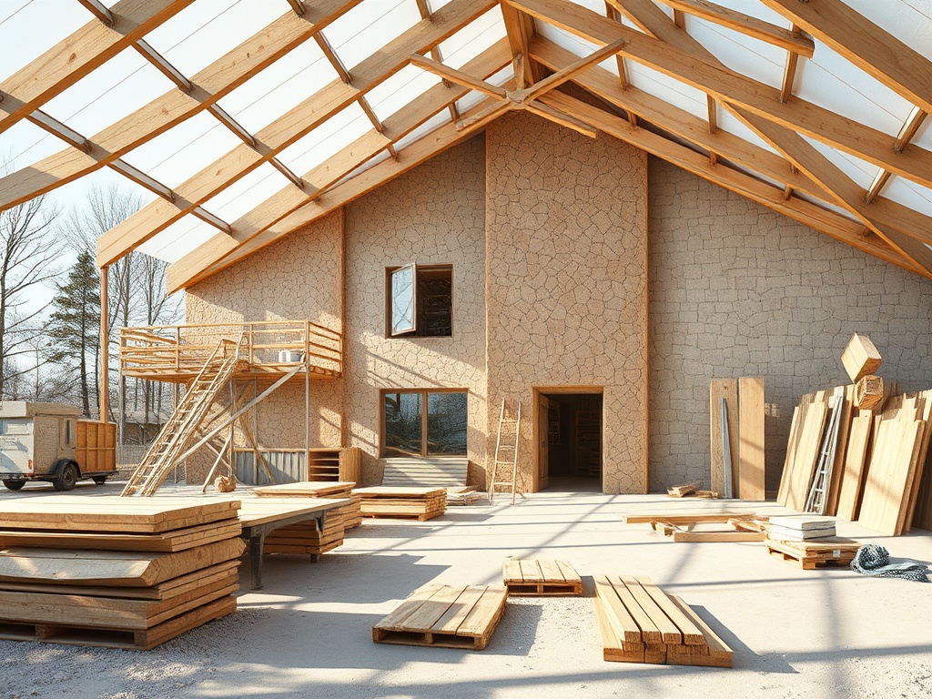 Строительство дома с деревянным каркасом и стеллажами, окруженное строительными материалами на открытом воздухе.