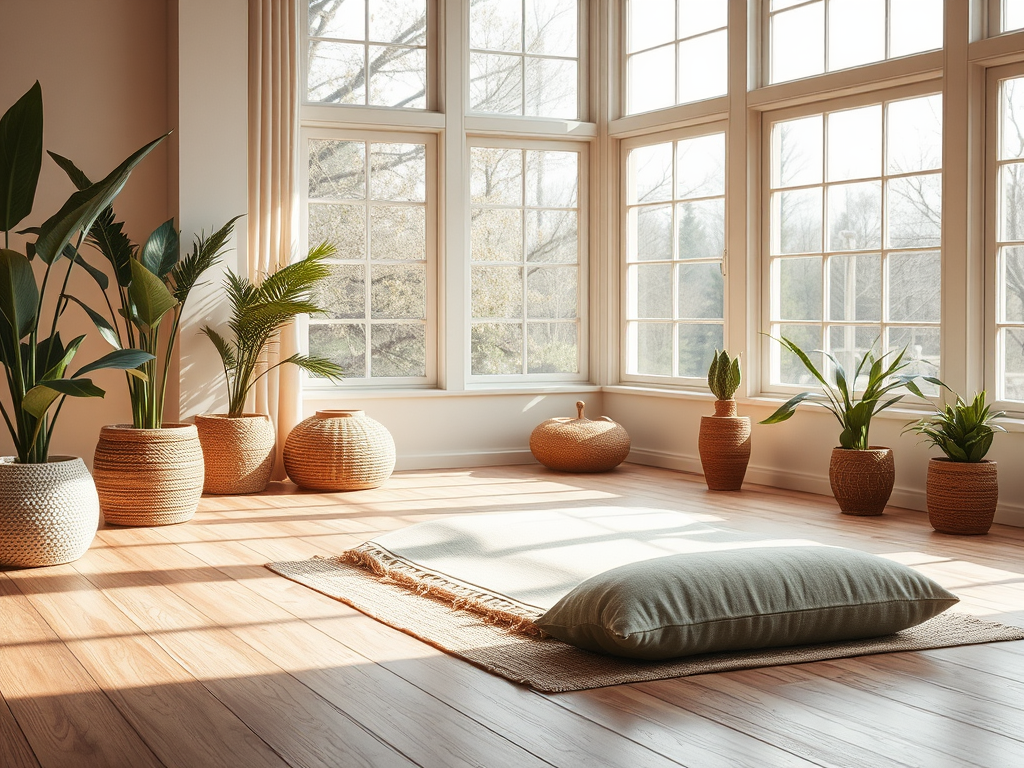 Светлая комната с большими окнами, зелеными растениями и уютным пледом на деревянном полу.