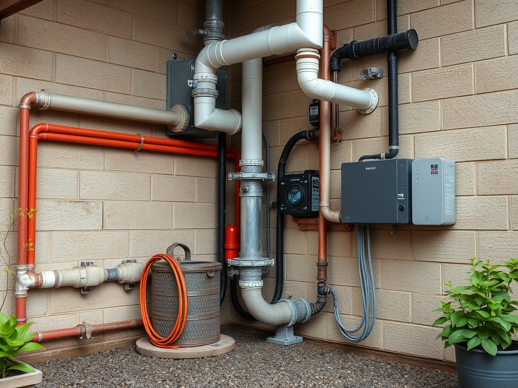 На стене расположены трубы, насос и оборудование для систем водоснабжения и отопления. Растения в горшках.