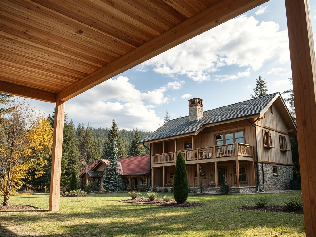 Современный загородный дом из дерева и камня на фоне леса и голубого неба. Уютный и красивый ландшафт.