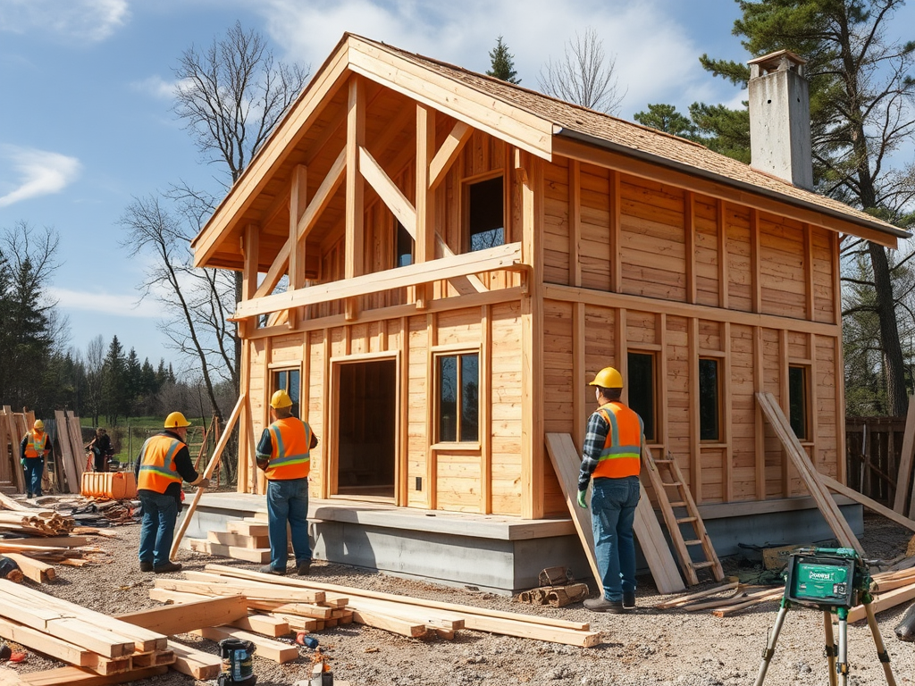 Рабочие строят деревянный дом, окруженный пиломатериалом, с голубым небом и деревьями на фоне.