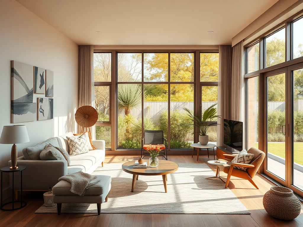 Светлая гостиная с большими окнами, уютной мебелью и зеленью за окном. Теплая и стильная атмосфера.