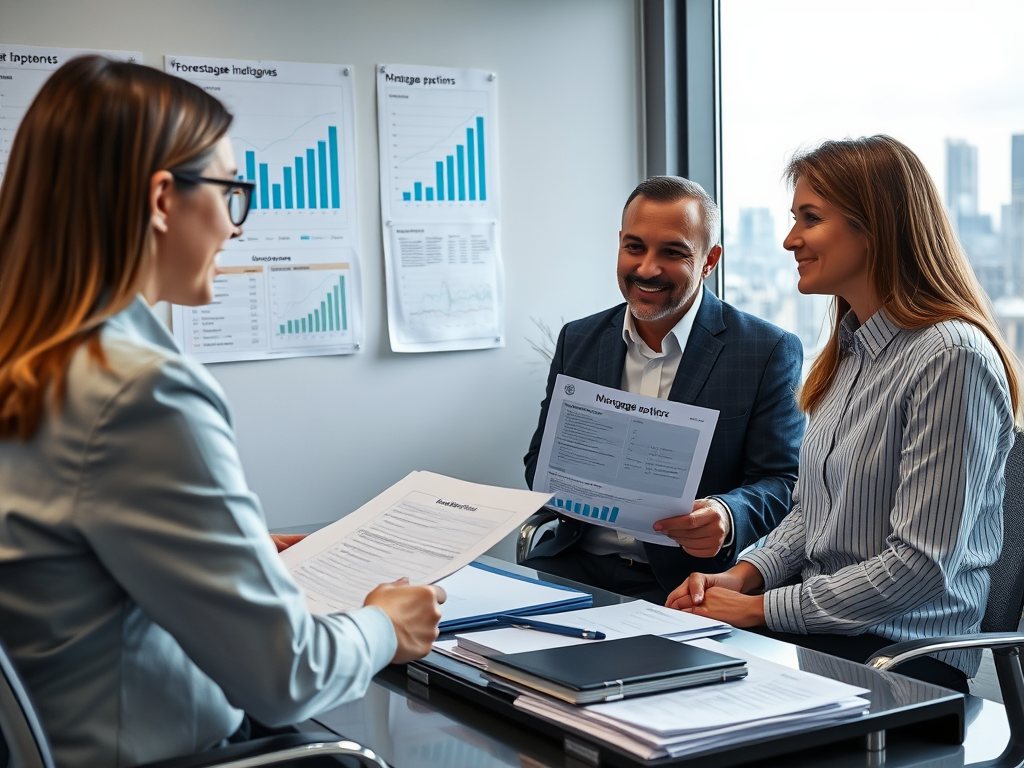 На встрече обсуждаются документы, собеседница и пара рассматривают отчетные графики и данные.