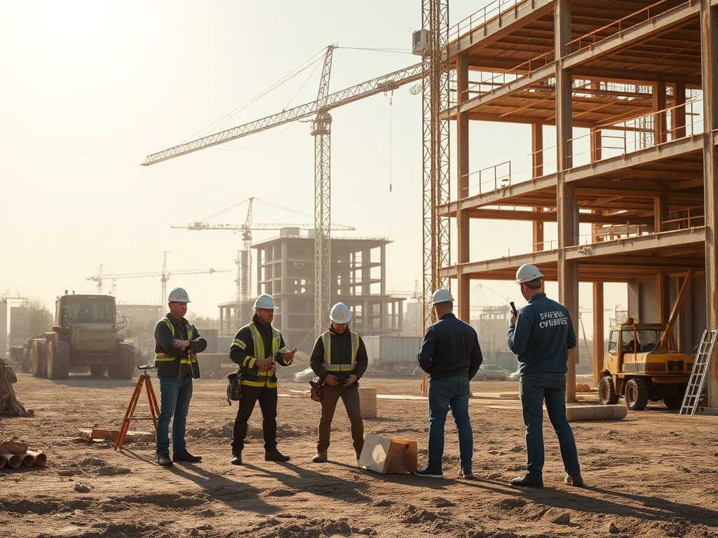 Группа строителей обсуждает проект на строительной площадке под солнечным светом. Строительные краны на фоне.