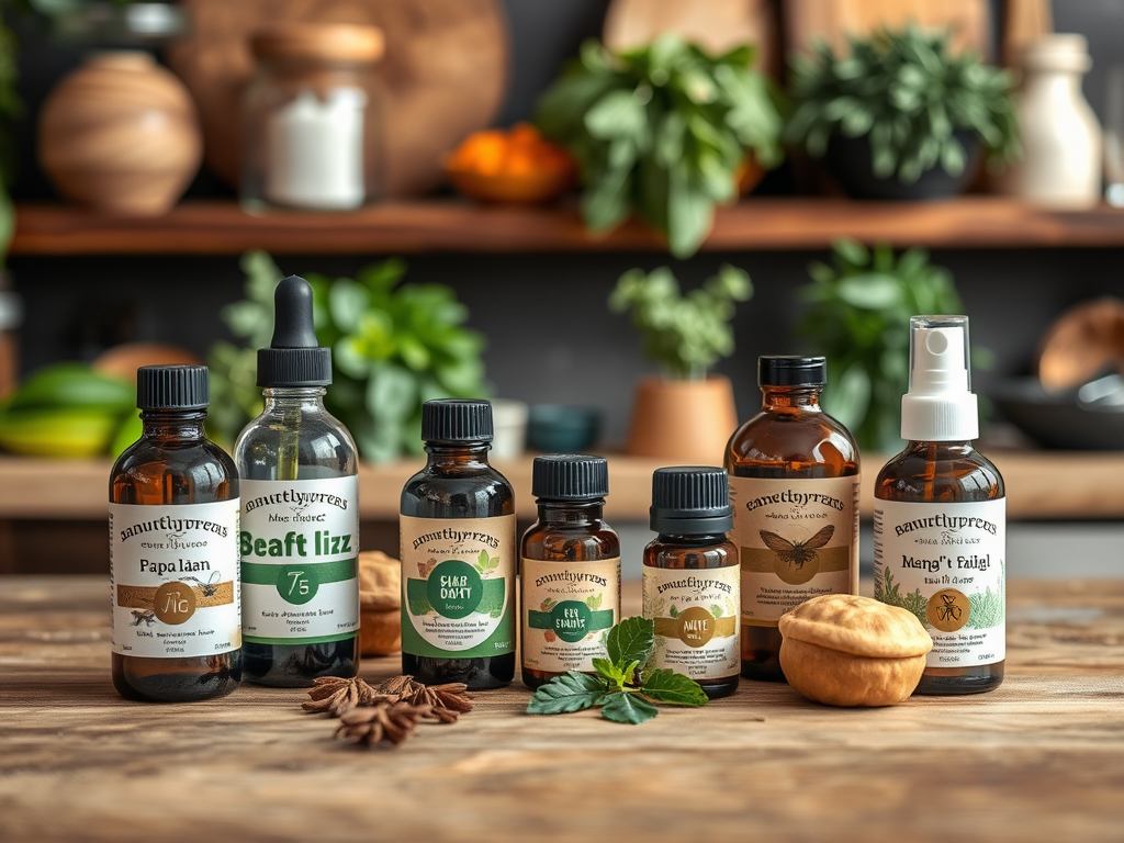 На столе расположены бутылочки с маслами и экстрактами, среди которых видно зелень и орех.