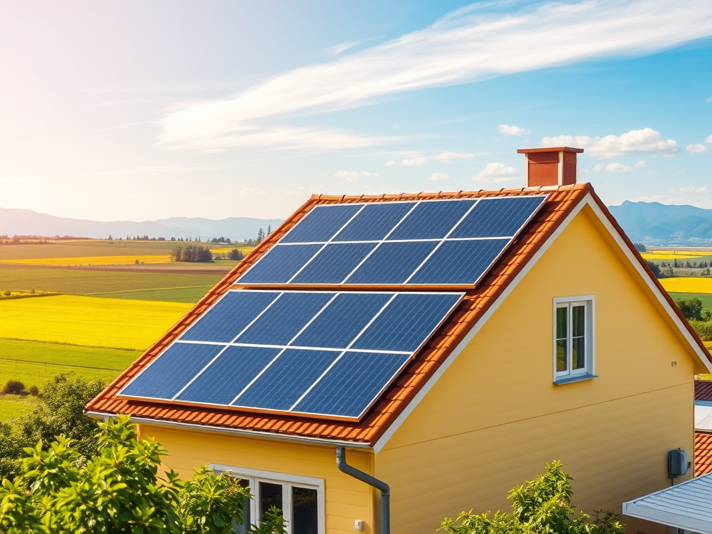 На желтом доме установлены солнечные панели, вокруг зеленые поля и горные дали под ясным небом.