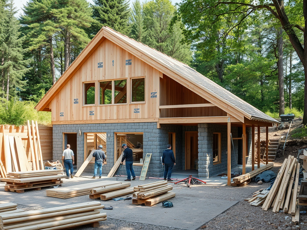 Строительство деревянного дома на фоне леса; рабочие устанавливают окна на завершенном каркасе.