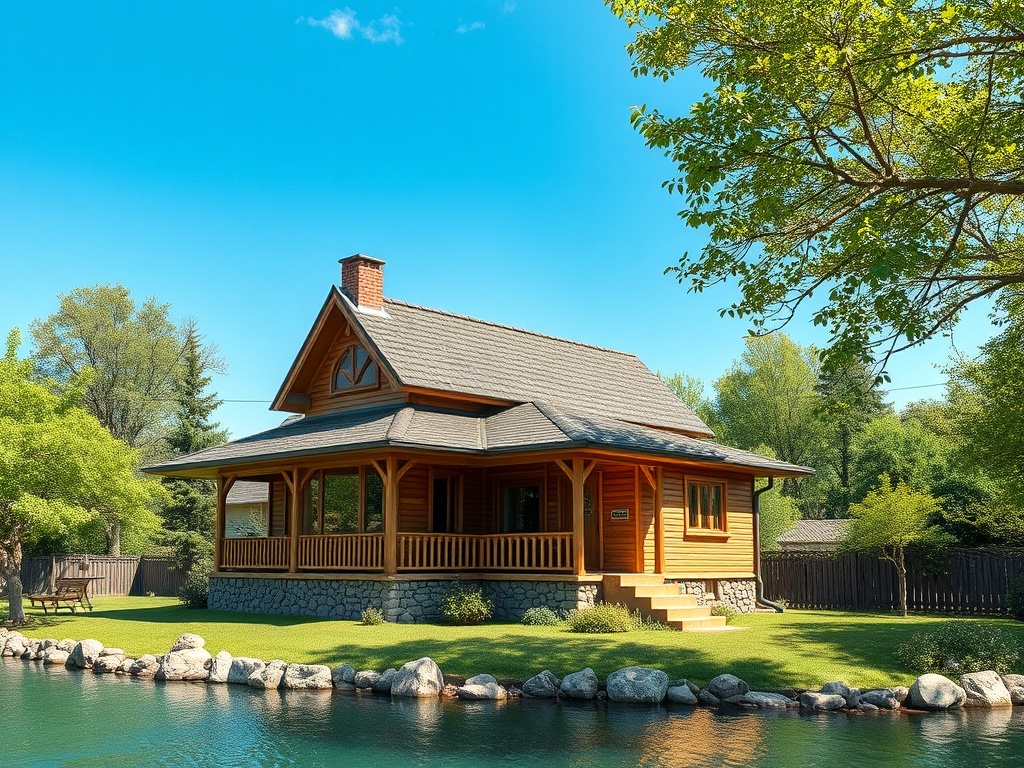 Деревянный дом с верандой рядом с прудом и зелеными деревьями на фоне яркого неба.