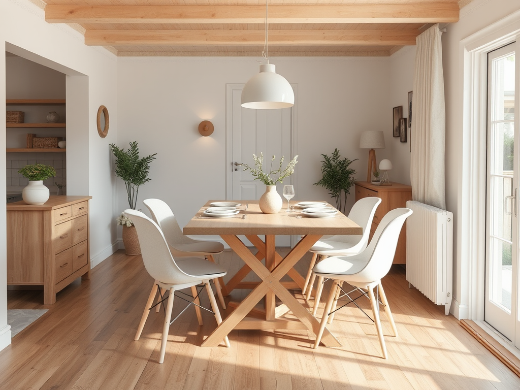 Светлое и уютное пространство столовой с деревянным столом и стильными стульями. Зеленые растения добавляют жизни.