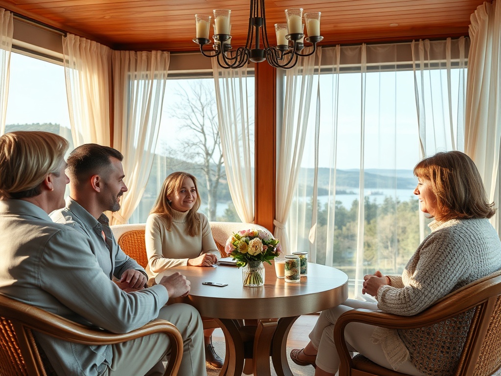 Четыре человека беседуют за столом в светлом помещении с большими окнами и красивым видом.