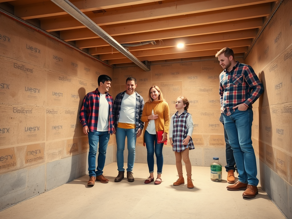 Группа людей стоит в пустом помещении с голыми стенами, обсуждая какие-то вопросы. Атмосфера дружелюбная.