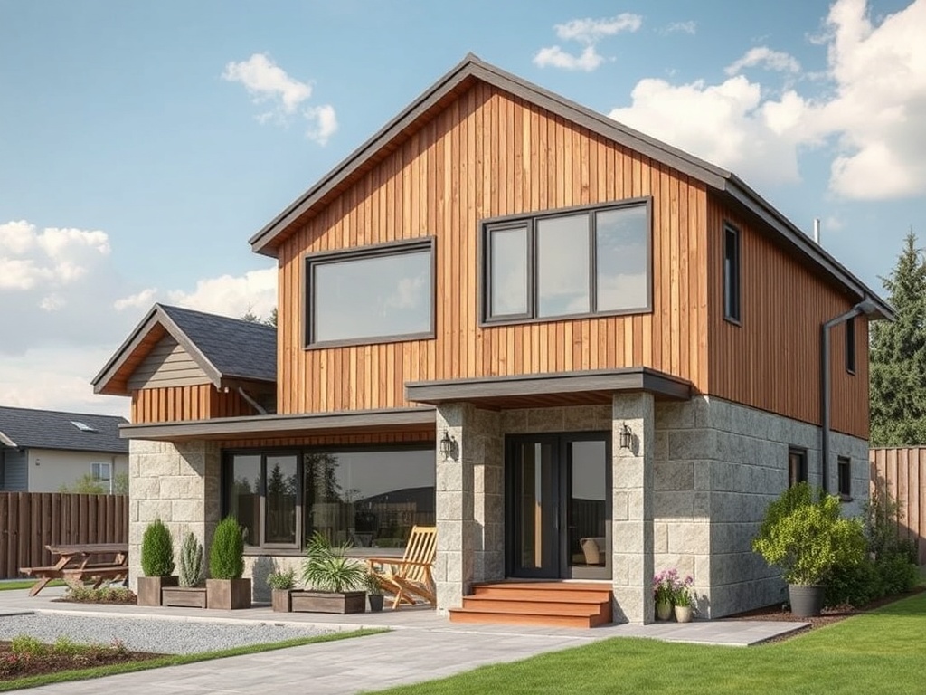 Современный двухэтажный дом с деревянной отделкой и каменным основанием, окруженный зеленью.