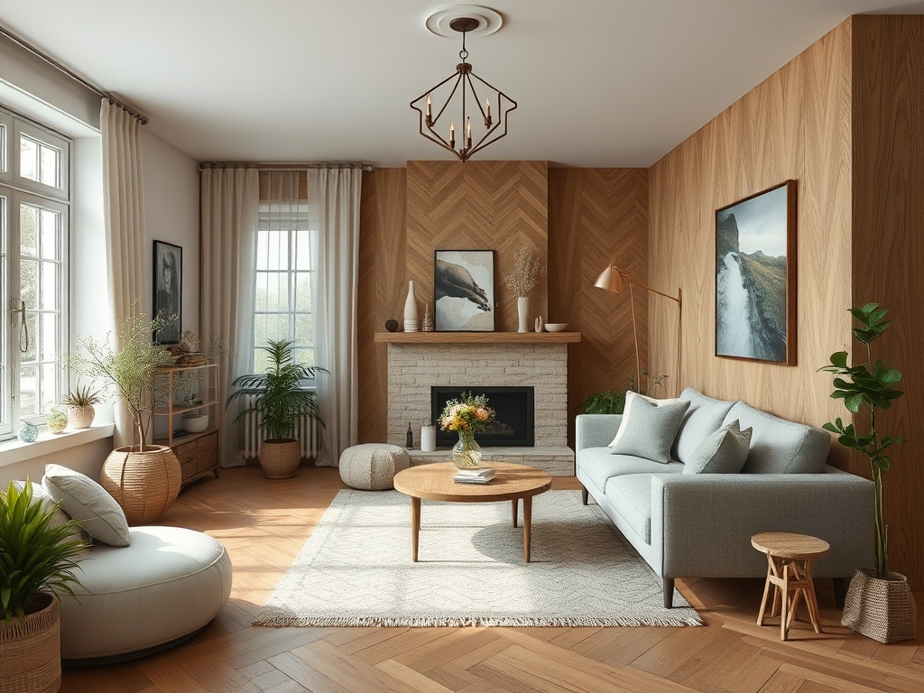 Светлая гостиная с деревянными стенами, уютным диваном, камином и зелеными растениями.