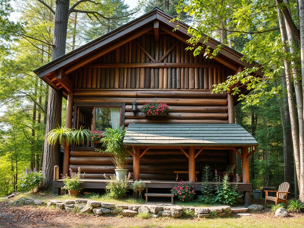 Деревянный дом в лесу, окруженный зелеными растениями и цветами, с уютной террасой.