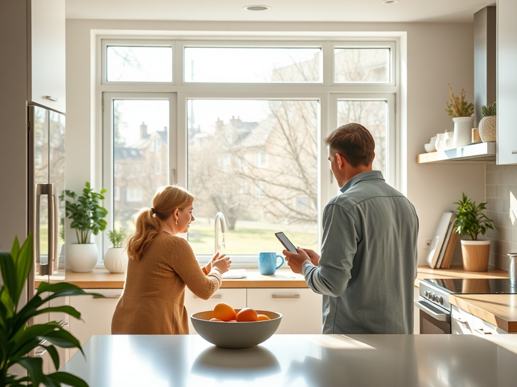 Два человека в уютной кухне, один у мойки, другой смотрит на телефон, рядом фруктовая чаша.