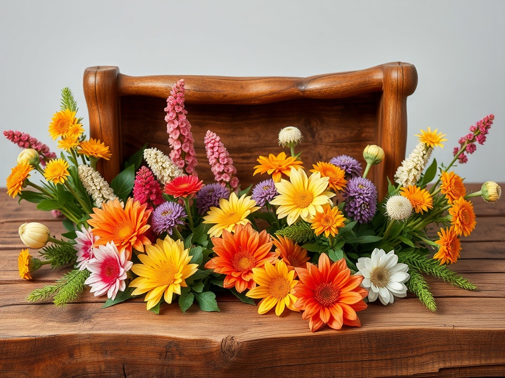 Цветочная композиция с яркими бутонами на фоне деревянного стола. Красота в каждом цветке.