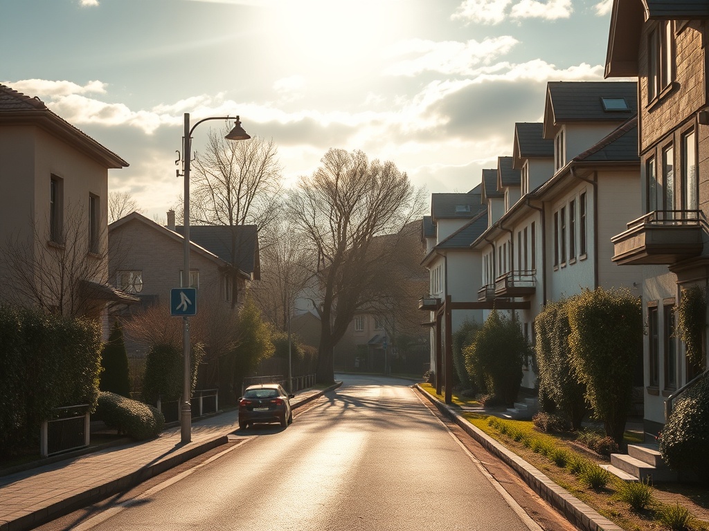 Спокойная улица с домами, освещённая солнечным светом, и одним автомобилем на дороге.