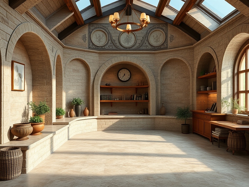 Светлая комната с арочными окнами, полками и растениями, уютный интерьер с обилием света.