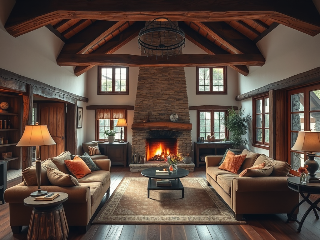 Уютная гостиная с камином, деревянными балками и мягкой мебелью, освещённая теплым светом.