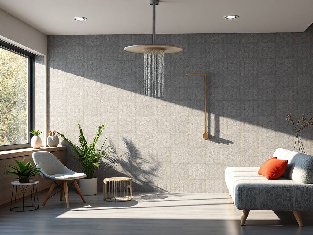 Современный интерьер с серой стеной, светлым диваном и растениями, залитый солнечным светом.