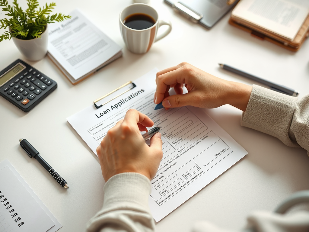 Человек заполняет заявку на кредит, рядом ручка, калькулятор и чашка кофе на столе.