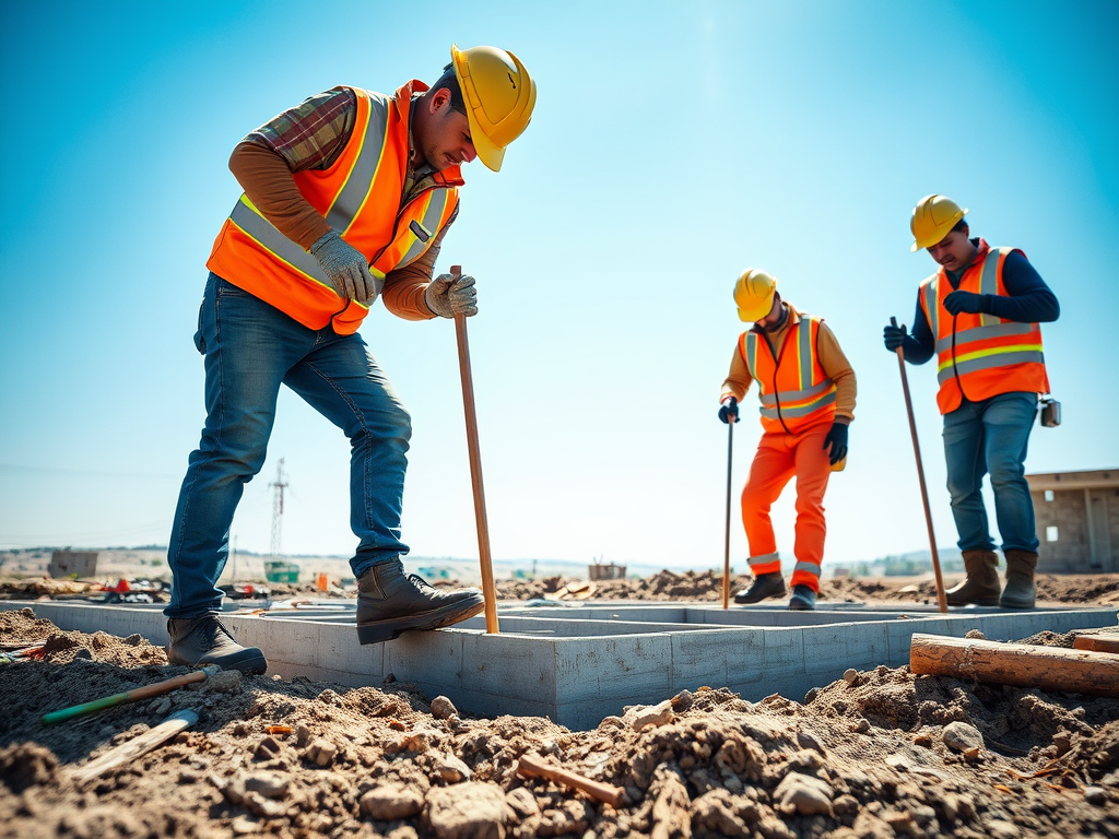 Рабочие в строительных жилетах и касках занимаются подготовкой фундамента на строительной площадке.