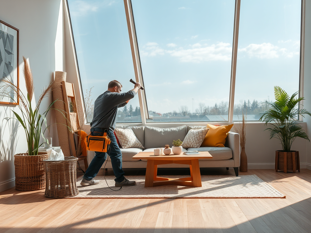 Мужчина с инструментом ремонтирует окно в современном интерьере с растениями и светлым диваном.
