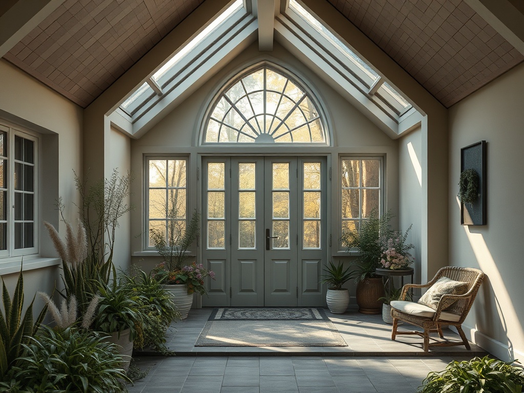 Светлая прихожая с большими окнами, зеленым декором и уютным креслом. Нежное утреннее освещение.