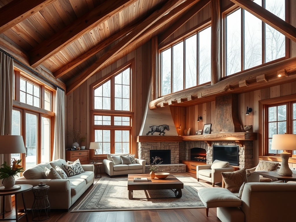 Светлая гостиная в загородном доме с большими окнами, деревянными потолками и уютной мебелью.
