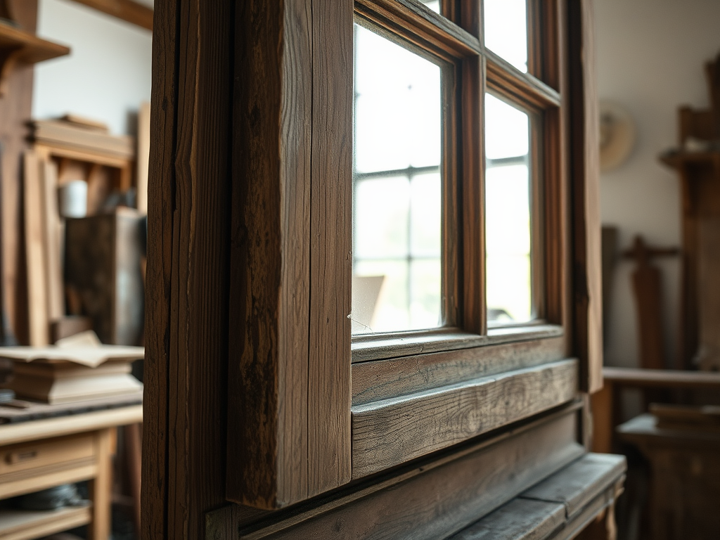 Крупный план деревянной рамы окна в комнате с предметами мебели и строительства на фоне.