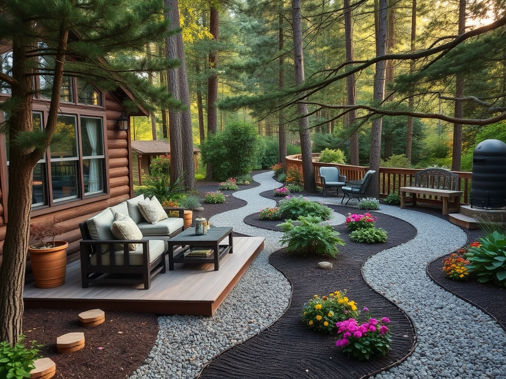 Комфортная территория с диваном, дорожками и цветами на фоне леса и уютного дома.
