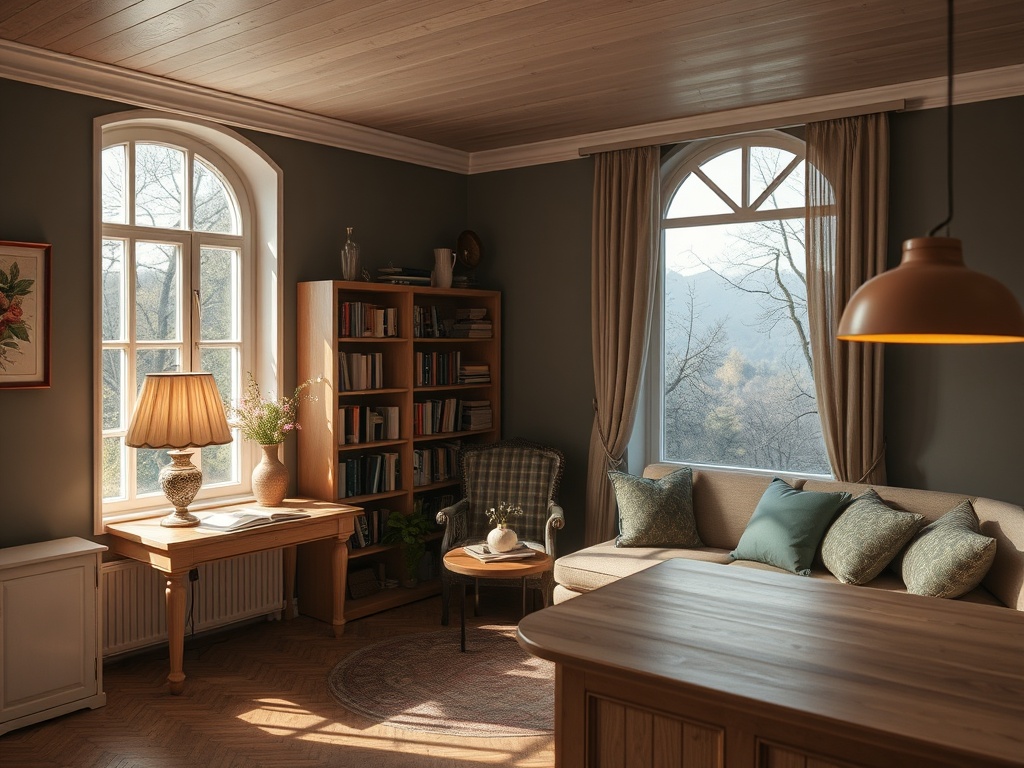 Уютная гостиная с книгами, светильником и видом на природу через большие окна. Теплые тона и стеклянные элементы.